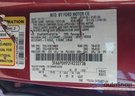 2015 Ford Fusion Se из США, поврежденный, VIN 3FA6P0H92FR232736